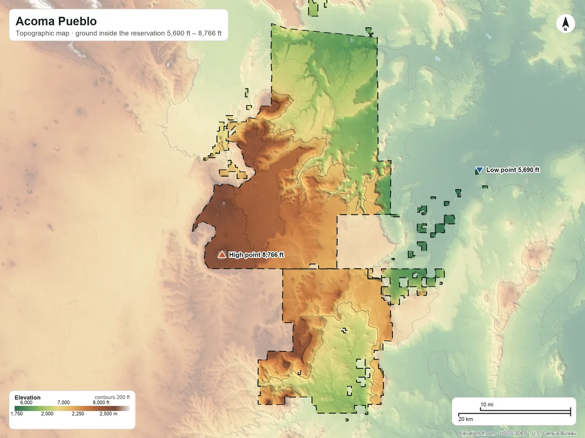 Topographic elevation map of Acoma Pueblo, New Mexico, shaded from 5,690 ft on the east side to 8,766 ft on Cebollita Peak