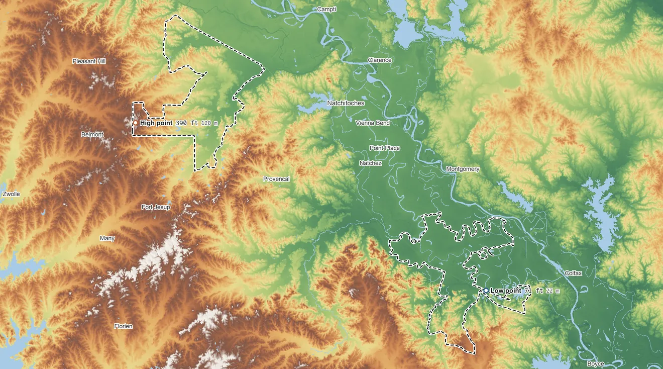 Topographic elevation map of Adai Caddo SDTSA, Louisiana, shaded from 71 ft on the southeast side to 390 ft on the west side