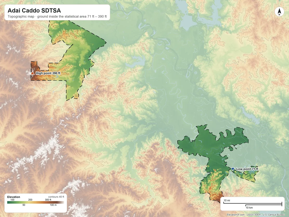 Topographic elevation map of Adai Caddo SDTSA, Louisiana, shaded from 71 ft on the southeast side to 390 ft on the west side