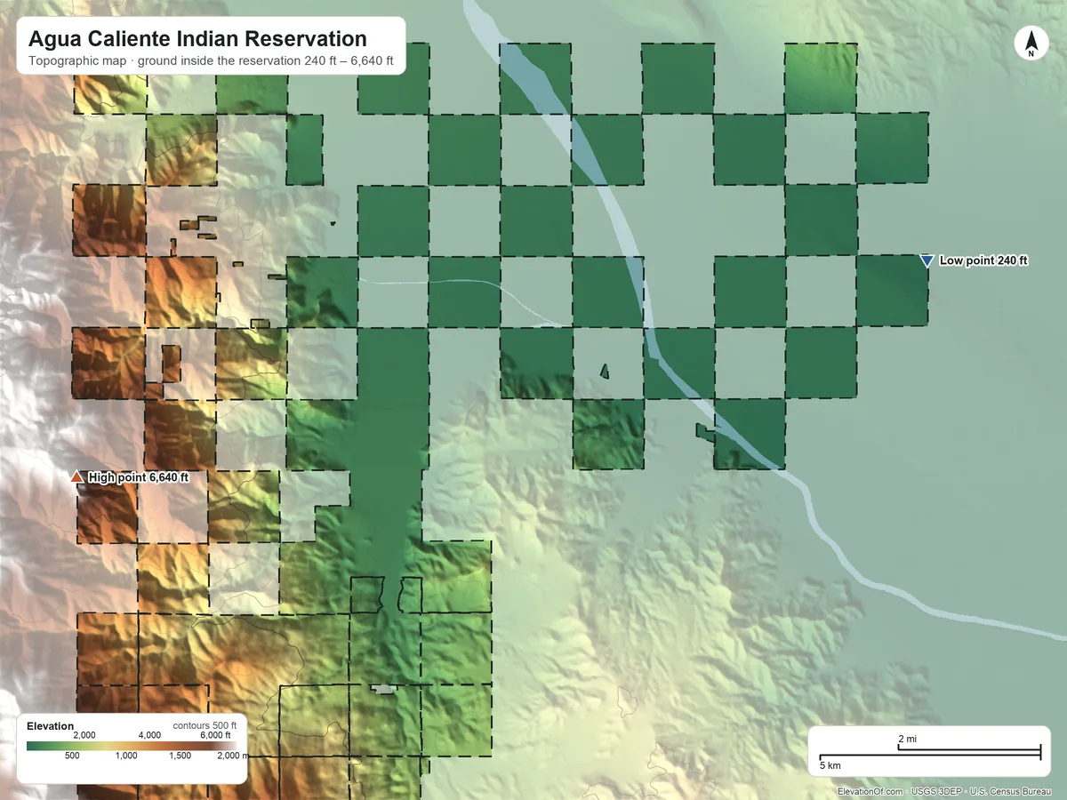 Topographic elevation map of Agua Caliente Indian Reservation, California, shaded from 240 ft on the east side to 6,640 ft on the west side