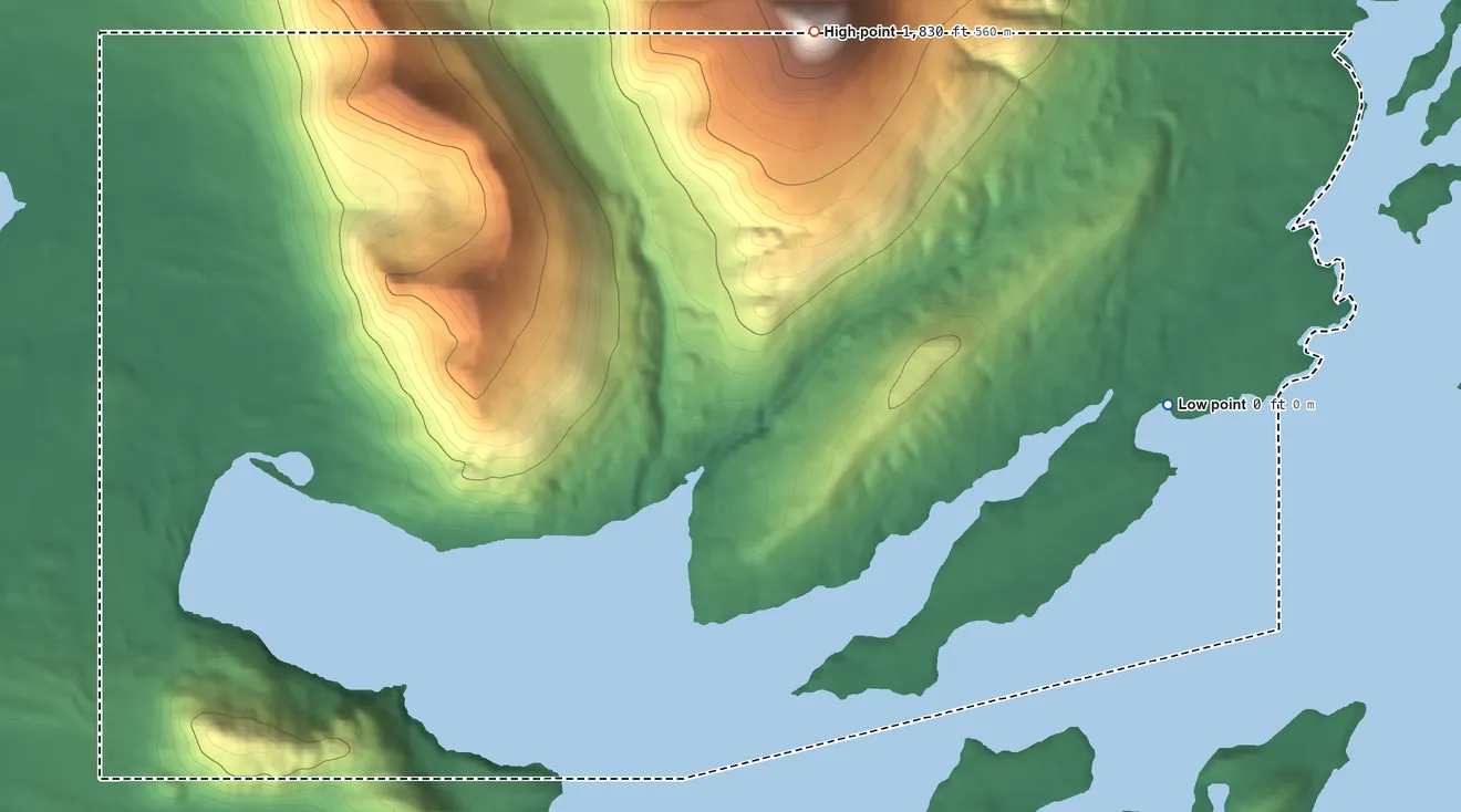 Topographic elevation map of Akhiok ANVSA, Alaska, shaded from sea level on Akhiok Bay to 1,830 ft on the north side