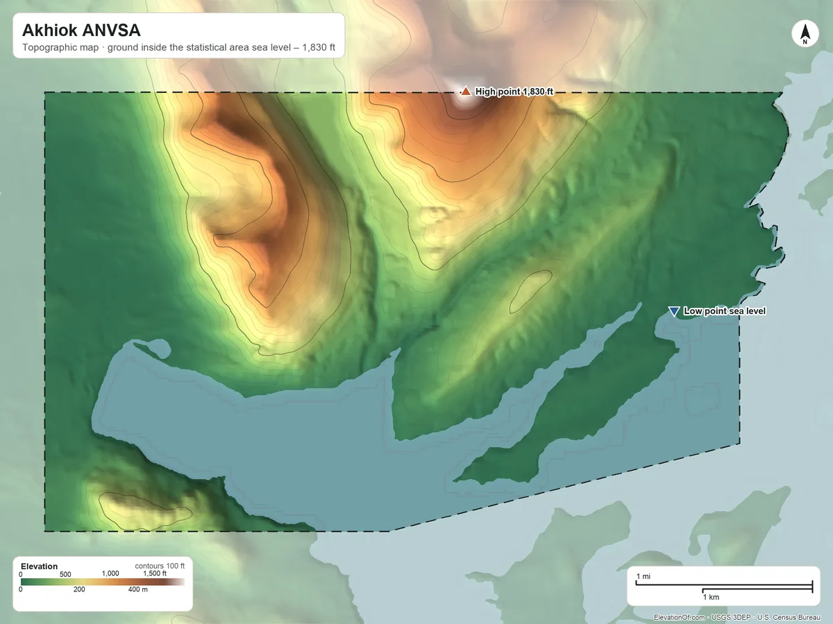 Topographic elevation map of Akhiok ANVSA, Alaska, shaded from sea level on Akhiok Bay to 1,830 ft on the north side