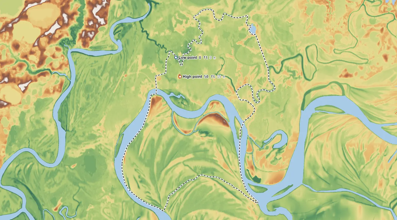 Topographic elevation map of Akiachak ANVSA, Alaska, shaded from 8 ft on the northwest side to 50 ft on the northwest side