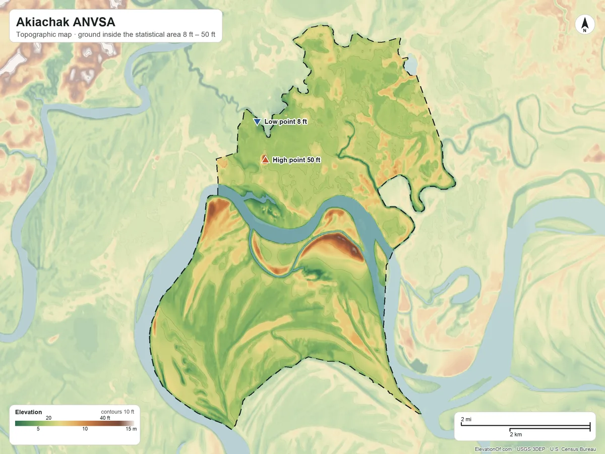Topographic elevation map of Akiachak ANVSA, Alaska, shaded from 8 ft on the northwest side to 50 ft on the northwest side
