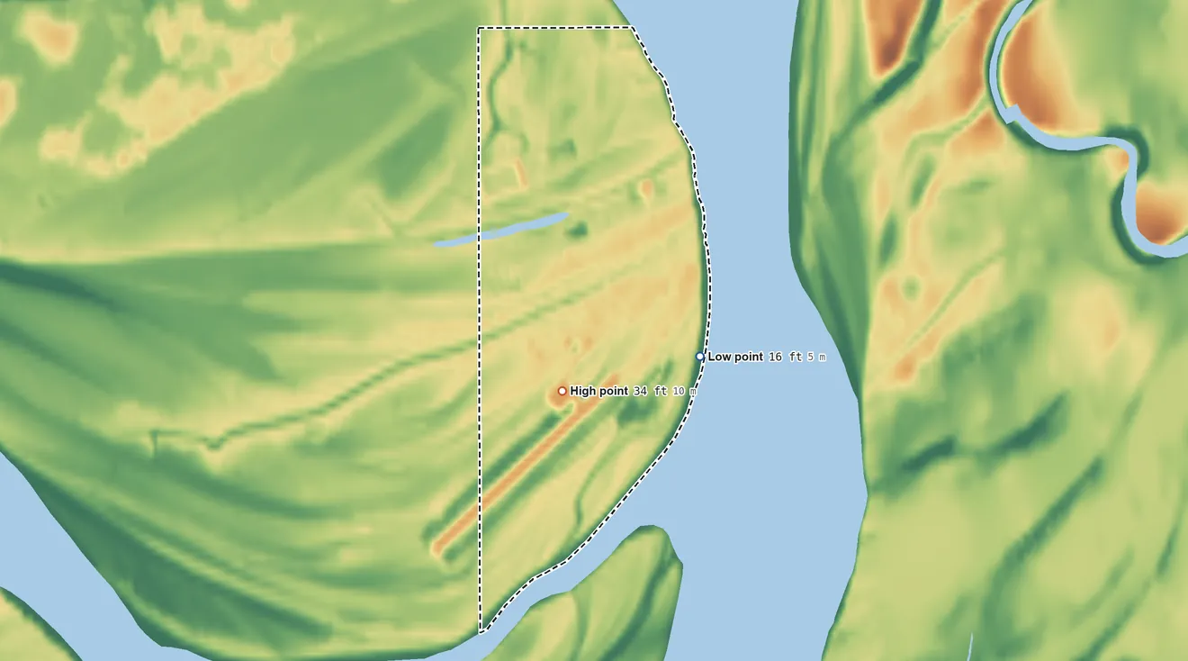 Topographic elevation map of Akiak ANVSA, Alaska, shaded from 16 ft on the east side to 34 ft on the southwest side
