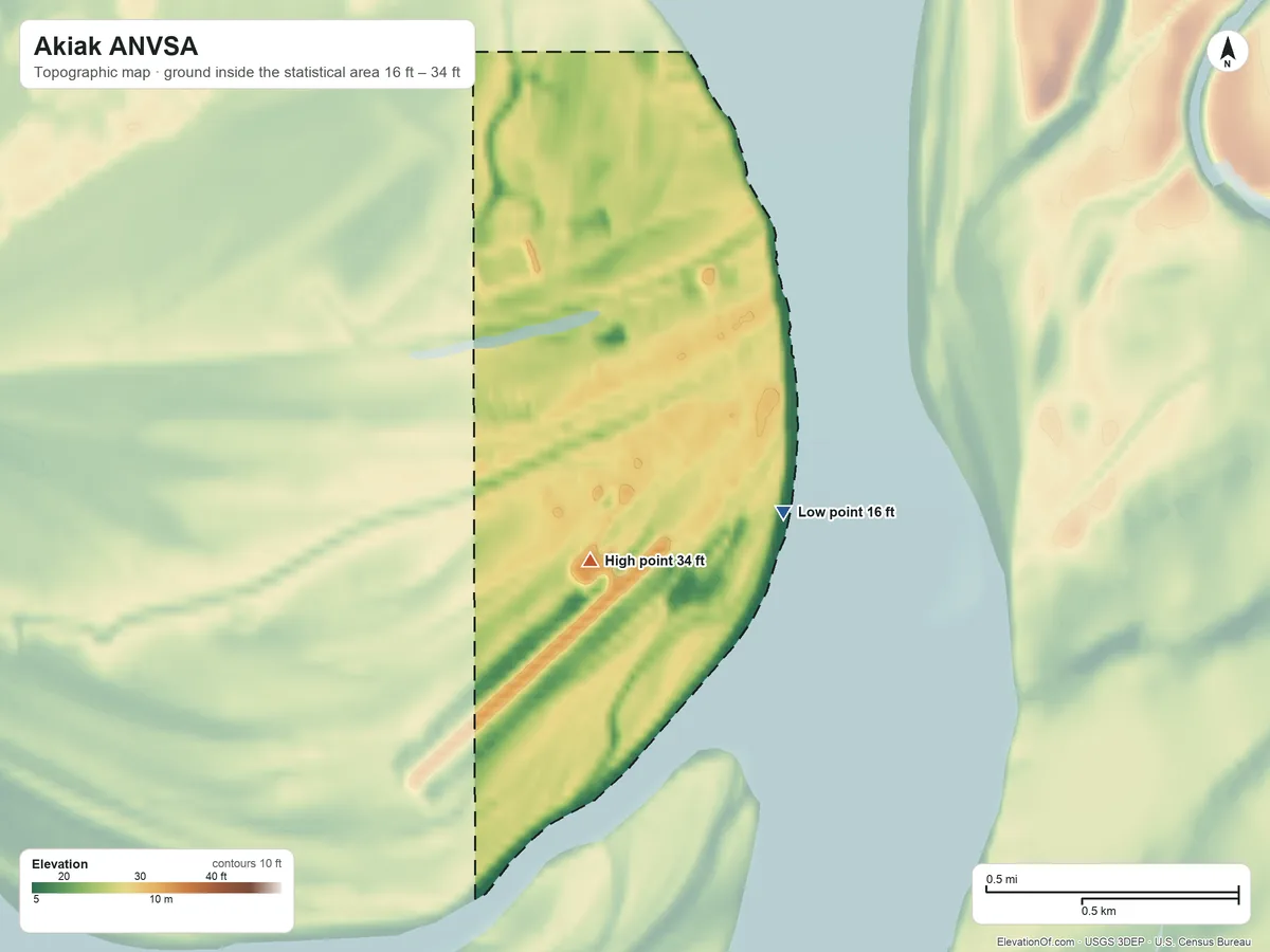 Topographic elevation map of Akiak ANVSA, Alaska, shaded from 16 ft on the east side to 34 ft on the southwest side