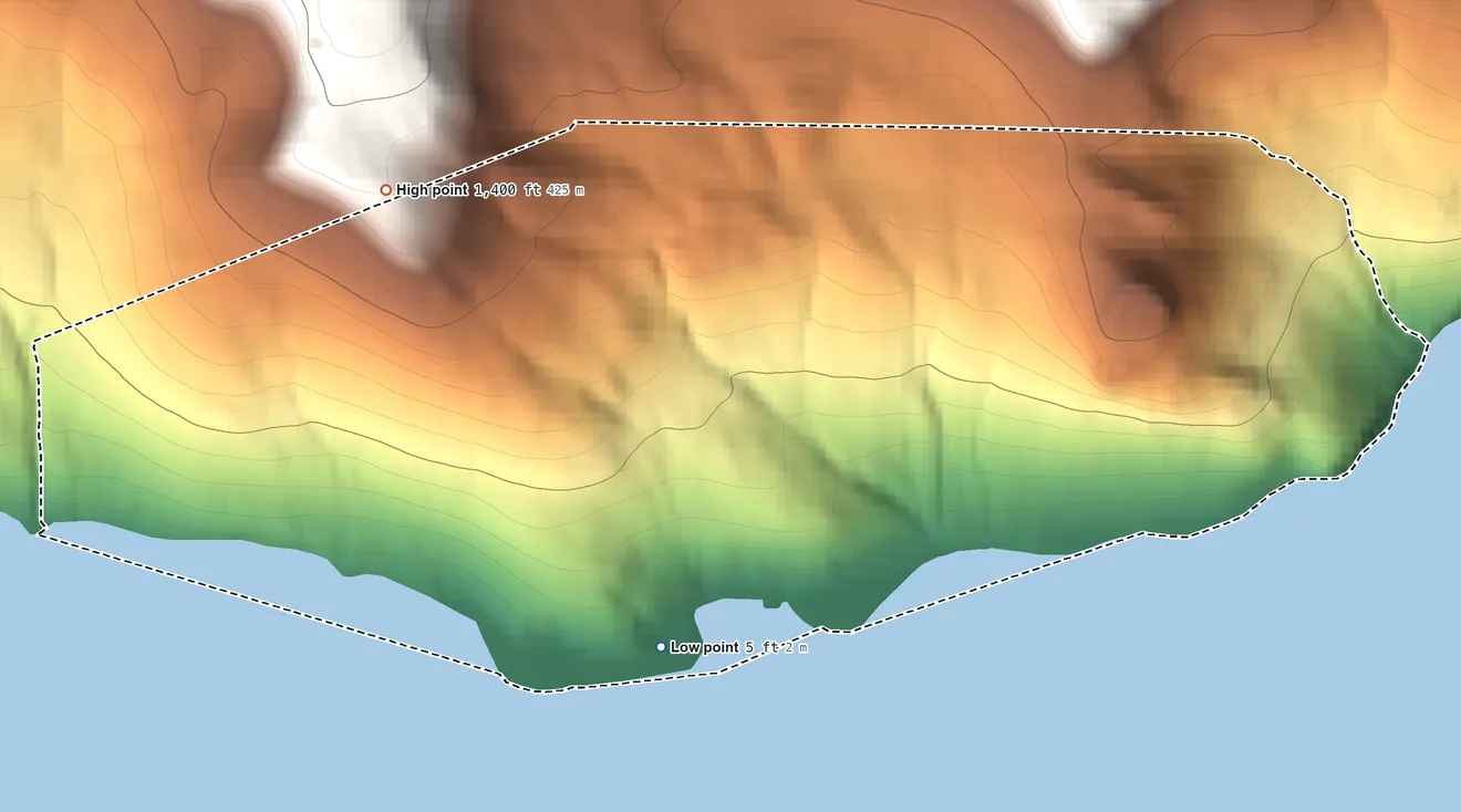 Topographic elevation map of Akutan ANVSA, Alaska, shaded from 5 ft on the south side to 1,400 ft on the northwest side