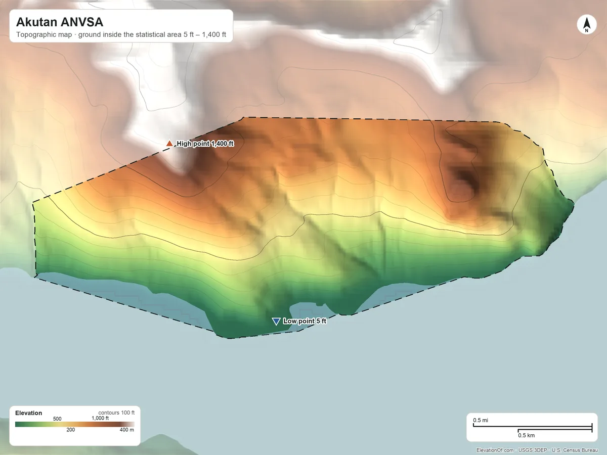 Topographic elevation map of Akutan ANVSA, Alaska, shaded from 5 ft on the south side to 1,400 ft on the northwest side
