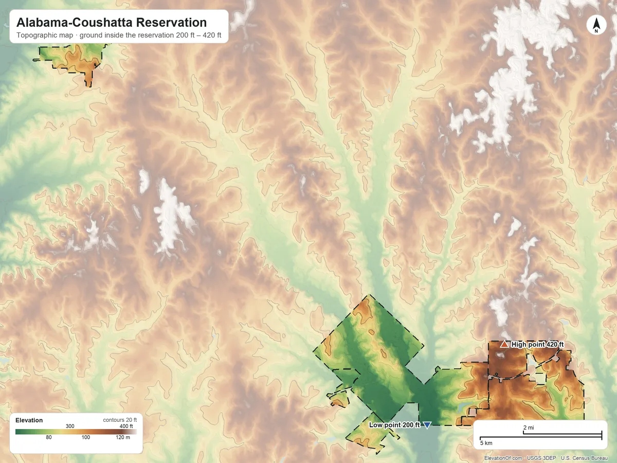 Topographic elevation map of Alabama-Coushatta Reservation, Texas, shaded from 200 ft on the southeast side to 420 ft on the southeast side