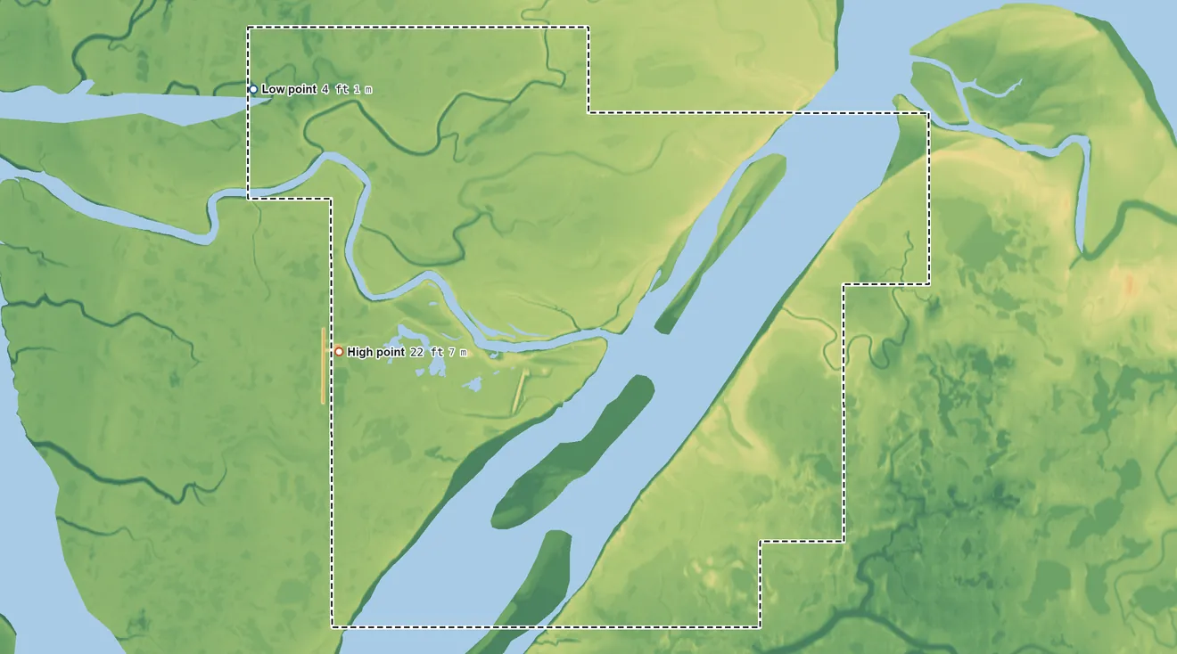Topographic elevation map of Alakanuk ANVSA, Alaska, shaded from 4 ft on the northwest side to 22 ft on the west side