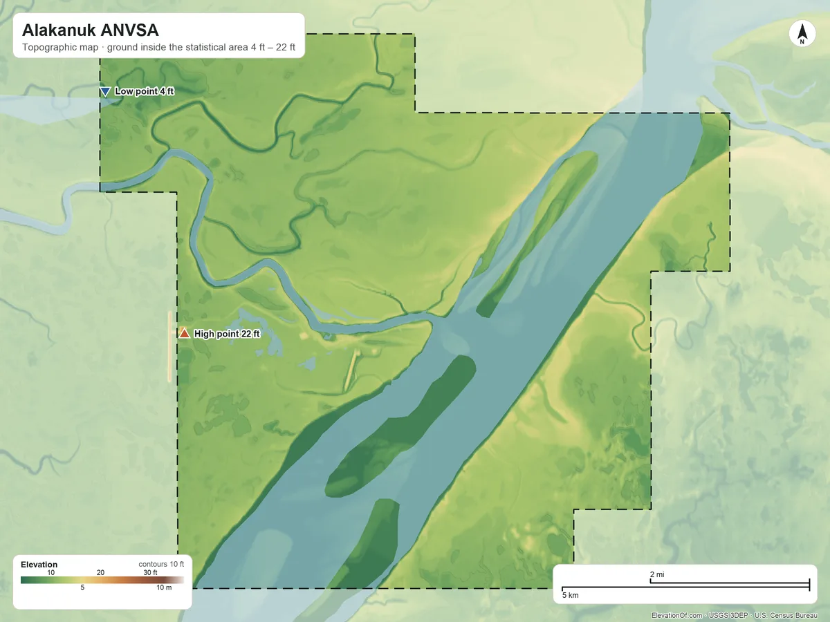 Topographic elevation map of Alakanuk ANVSA, Alaska, shaded from 4 ft on the northwest side to 22 ft on the west side