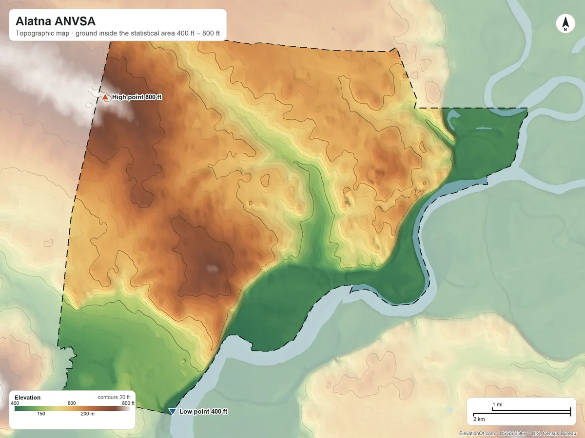 Topographic elevation map of Alatna ANVSA, Alaska, shaded from 400 ft on the southwest side to 800 ft on the northwest side