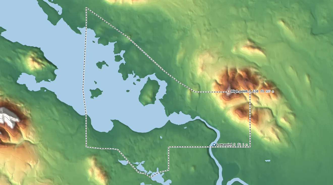 Topographic elevation map of Aleknagik ANVSA, Alaska, shaded from 5 ft on the southeast side to 1,630 ft on Marsh Mountain