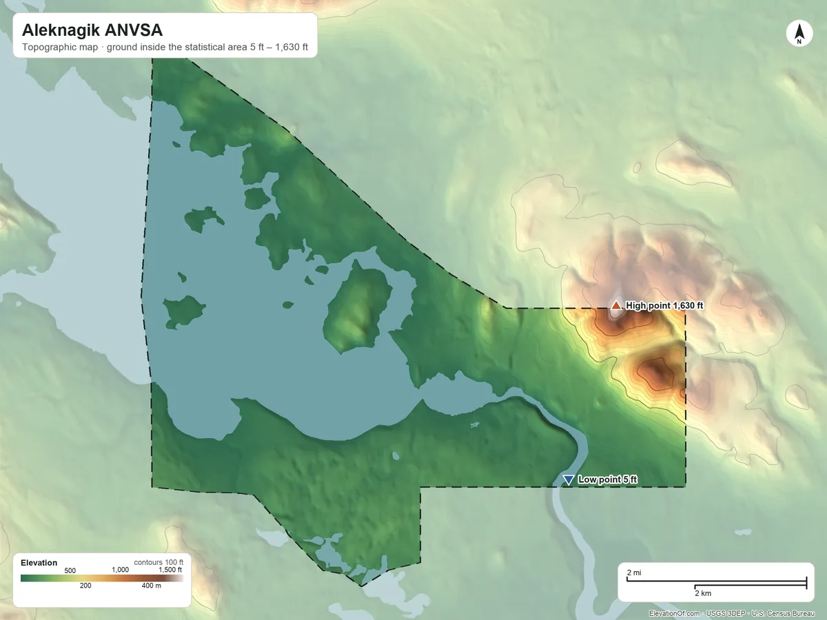 Topographic elevation map of Aleknagik ANVSA, Alaska, shaded from 5 ft on the southeast side to 1,630 ft on Marsh Mountain
