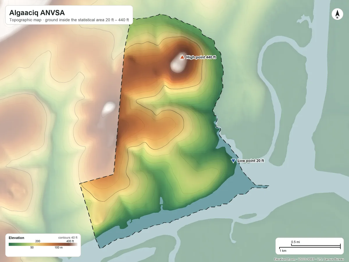 Topographic elevation map of Algaaciq ANVSA, Alaska, shaded from 20 ft on the southeast side to 440 ft on the north side