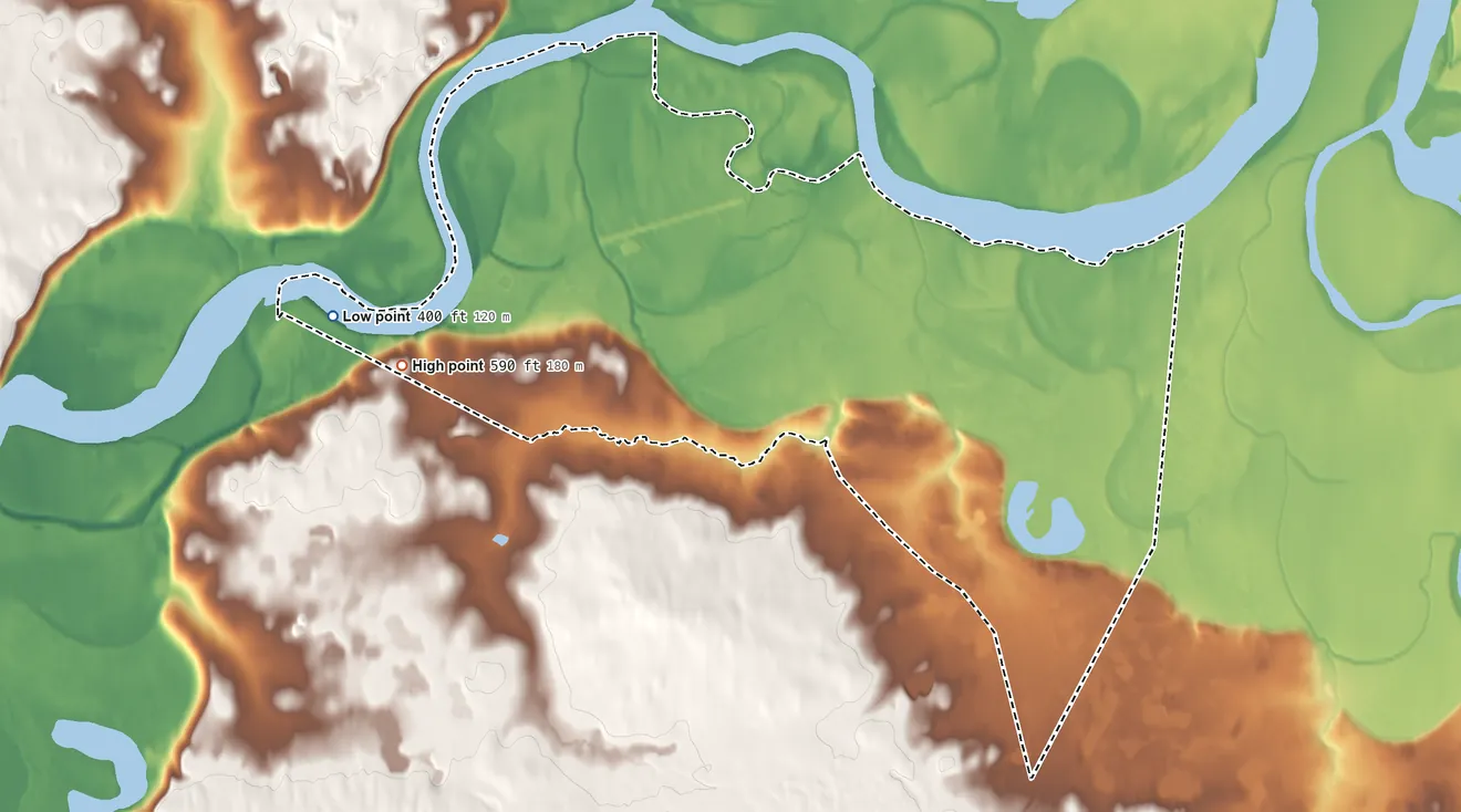 Topographic elevation map of Allakaket ANVSA, Alaska, shaded from 400 ft on the west side to 590 ft on the west side