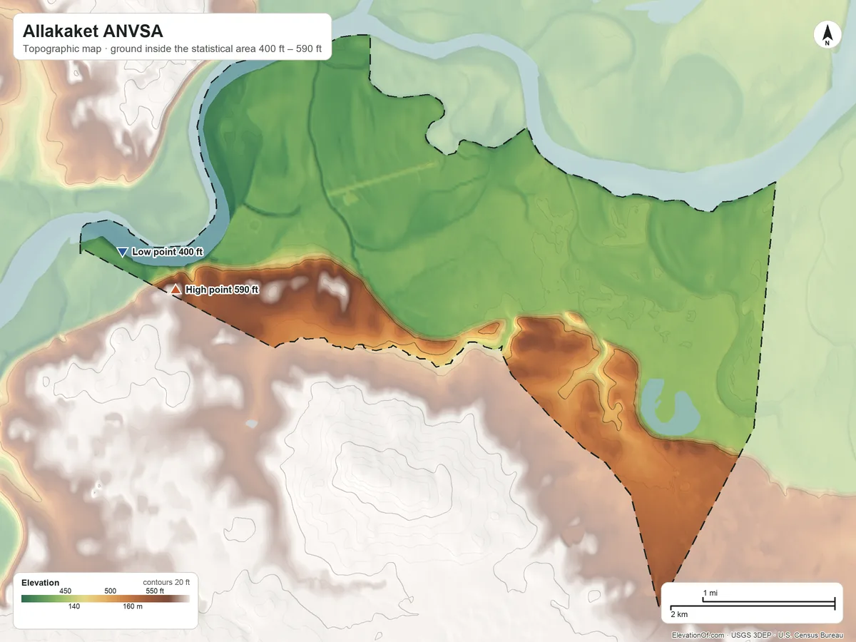 Topographic elevation map of Allakaket ANVSA, Alaska, shaded from 400 ft on the west side to 590 ft on the west side