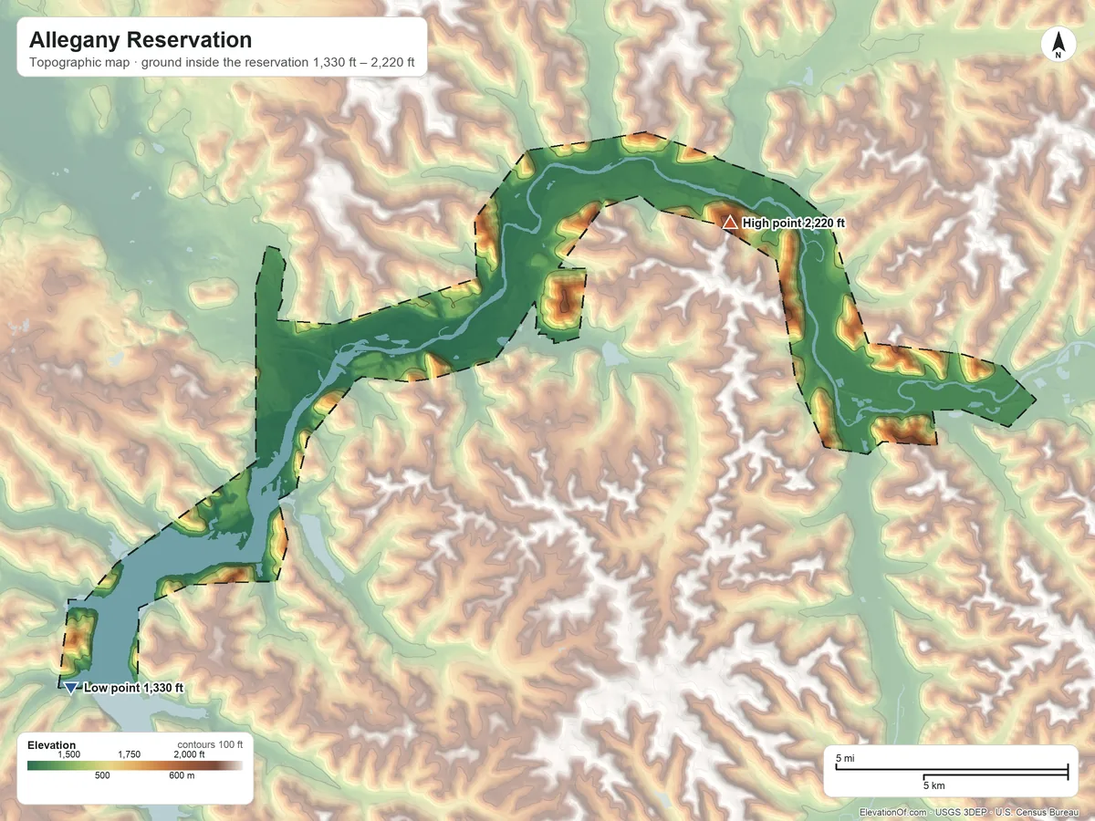Topographic elevation map of Allegany Reservation, New York, shaded from 1,330 ft on the southwest side to 2,220 ft on the northeast side