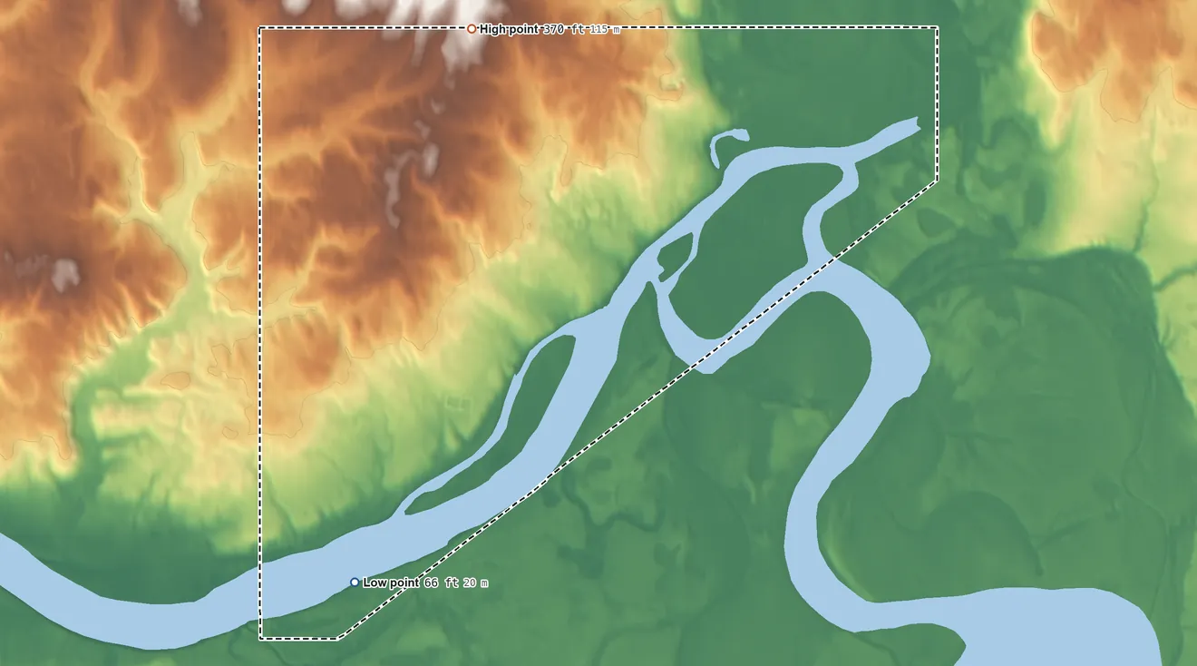 Topographic elevation map of Ambler ANVSA, Alaska, shaded from 66 ft on the southwest side to 370 ft on the northwest side