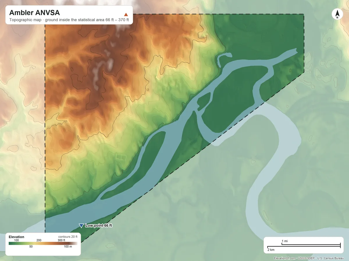 Topographic elevation map of Ambler ANVSA, Alaska, shaded from 66 ft on the southwest side to 370 ft on the northwest side
