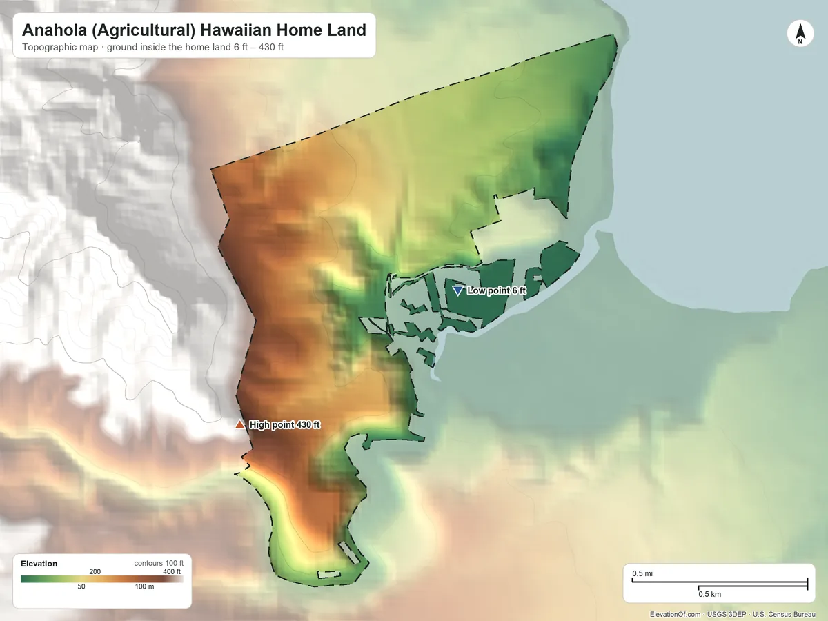 Topographic elevation map of Anahola (Agricultural) Hawaiian Home Land, Hawaii, shaded from 6 ft near the middle to 430 ft on the southwest side