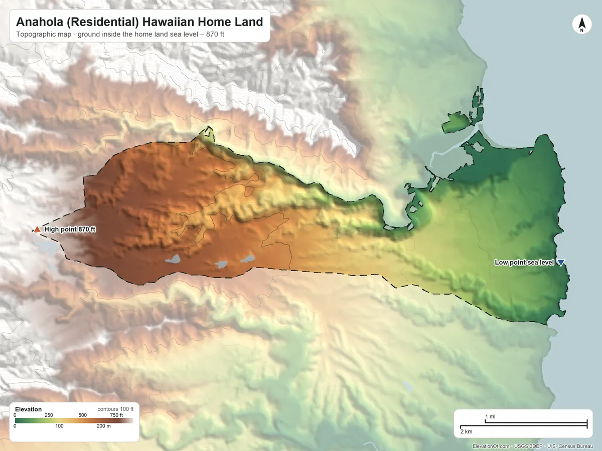 Topographic elevation map of Anahola (Residential) Hawaiian Home Land, Hawaii, shaded from sea level on the Pacific Ocean to 870 ft on the west side