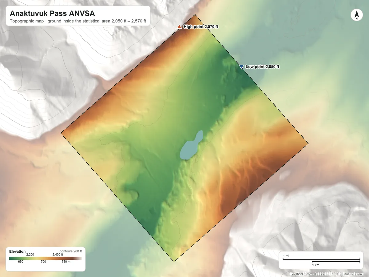 Topographic elevation map of Anaktuvuk Pass ANVSA, Alaska, shaded from 2,050 ft on the northeast side to 2,570 ft on the north side