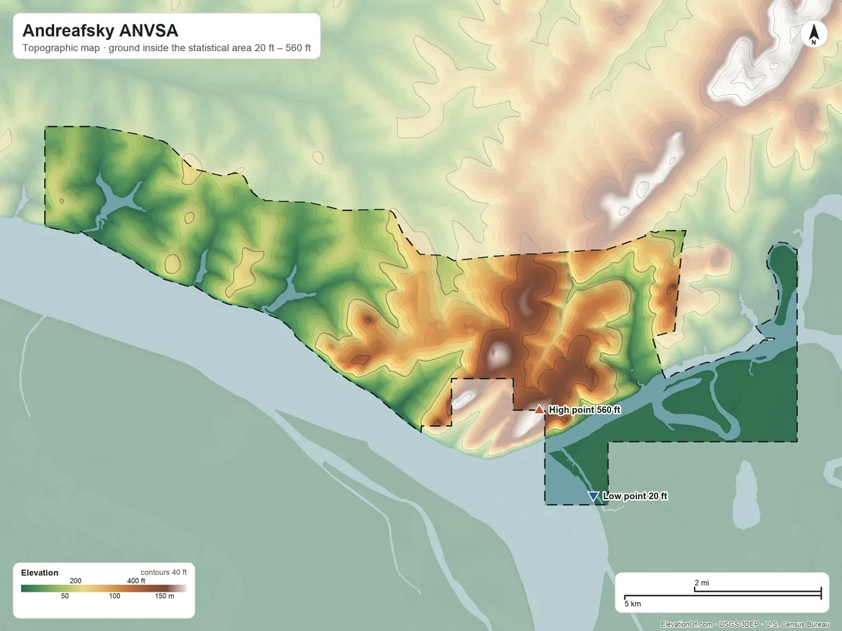 Topographic elevation map of Andreafsky ANVSA, Alaska, shaded from 20 ft on the southeast side to 560 ft on the southeast side