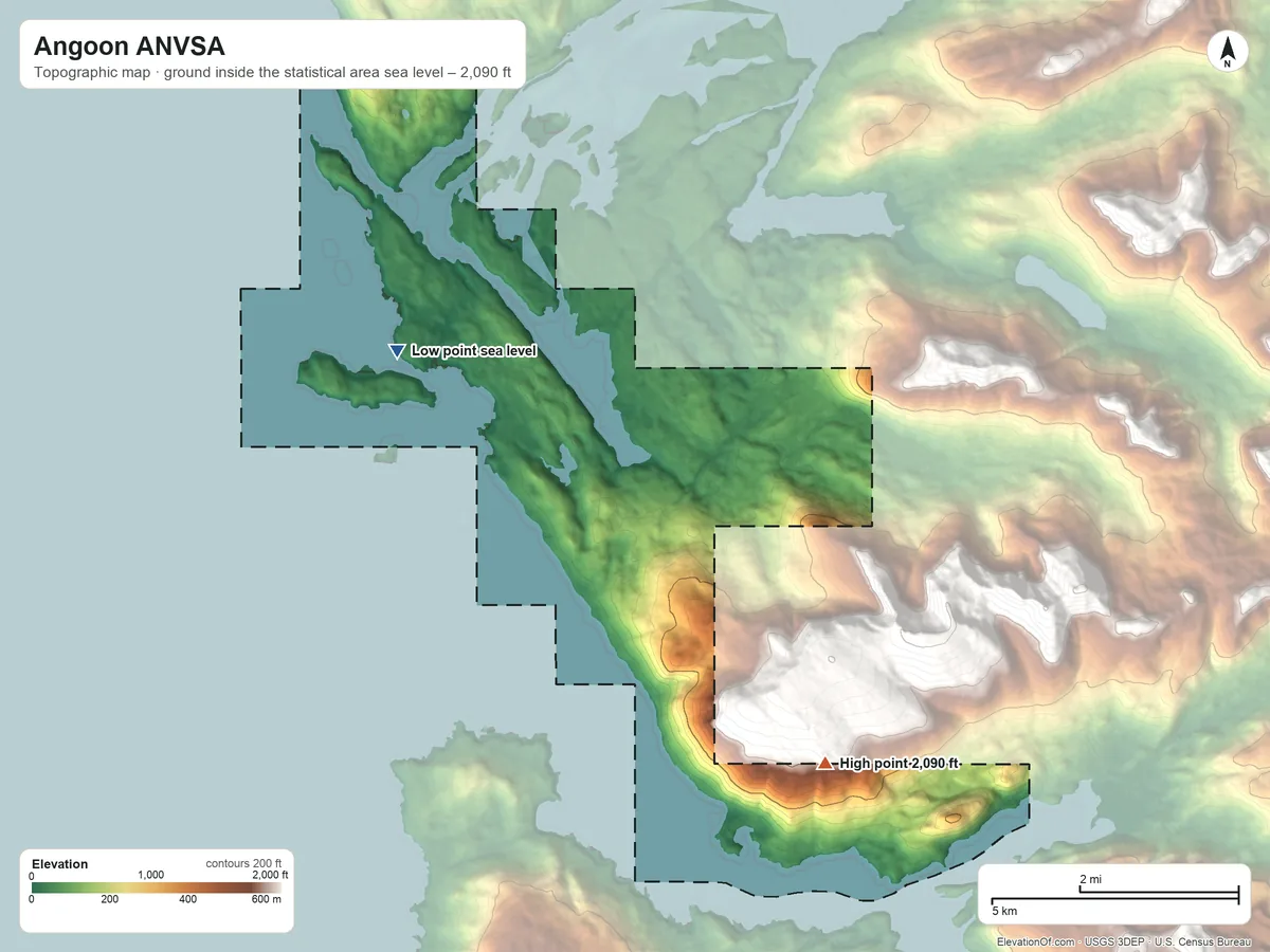 Topographic elevation map of Angoon ANVSA, Alaska, shaded from sea level on Kootznahoo Inlet to 2,090 ft on the southeast side