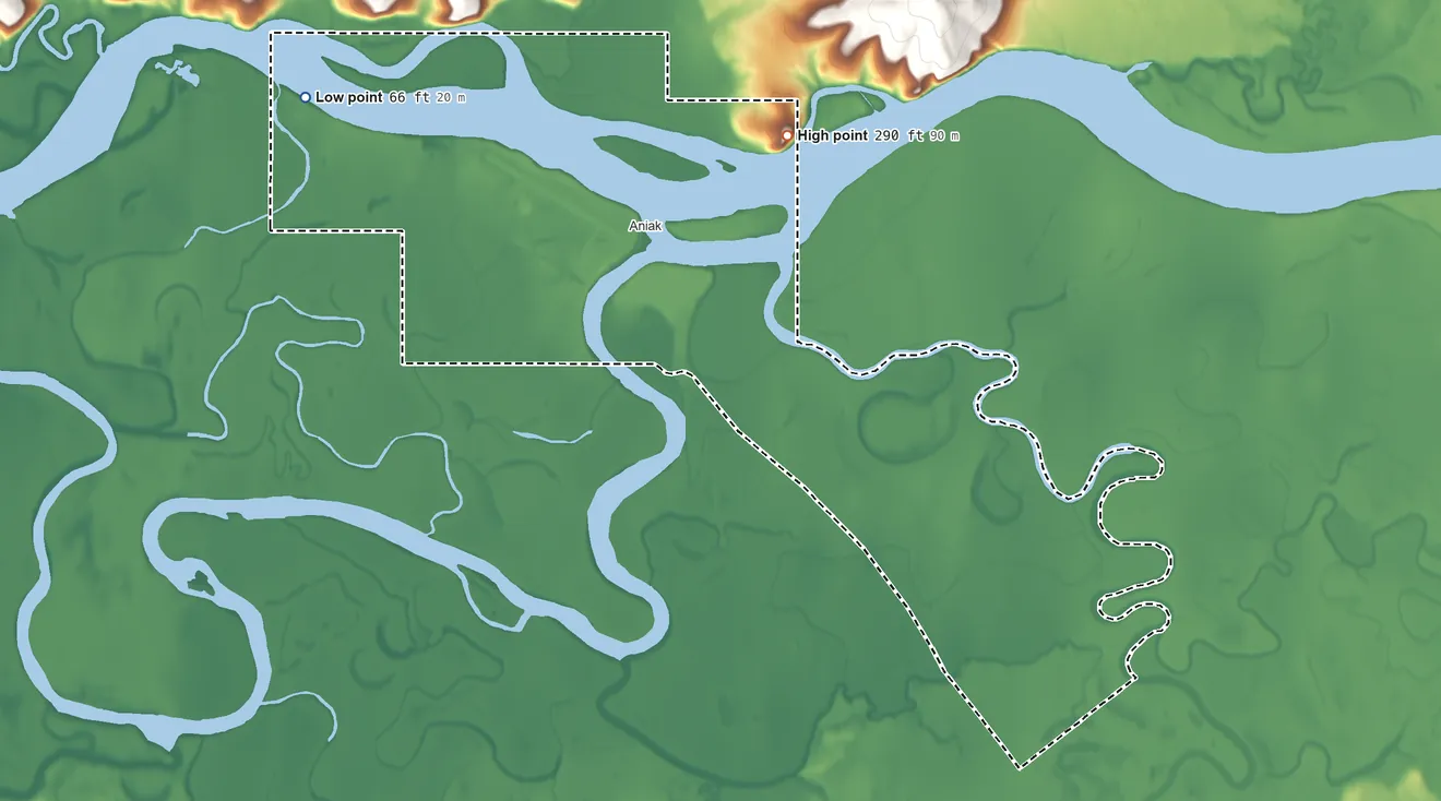 Topographic elevation map of Aniak ANVSA, Alaska, shaded from 66 ft on the northwest side to 290 ft on the north side