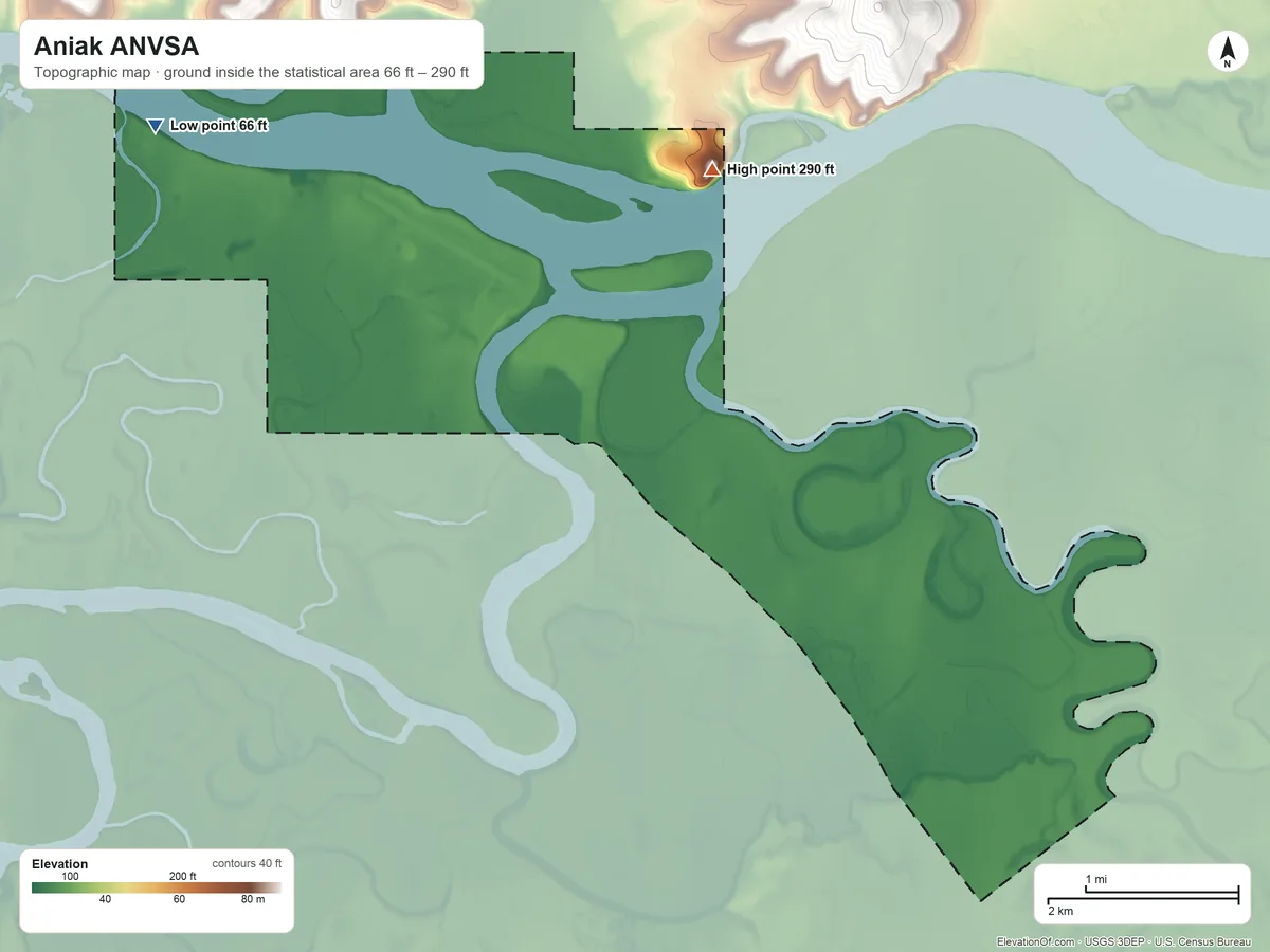 Topographic elevation map of Aniak ANVSA, Alaska, shaded from 66 ft on the northwest side to 290 ft on the north side