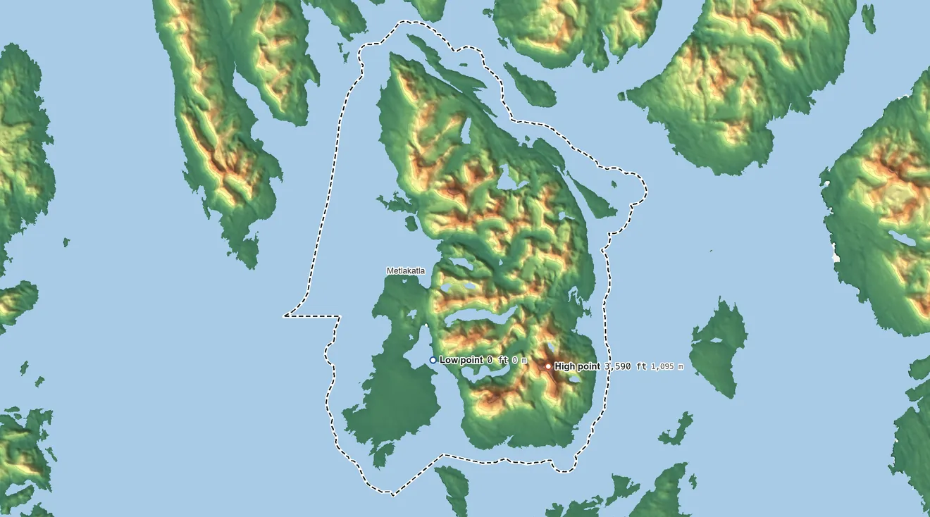 Topographic elevation map of Annette Island Reserve, Alaska, shaded from sea level on Tamgas Harbor to 3,590 ft on Tamgas Mountain