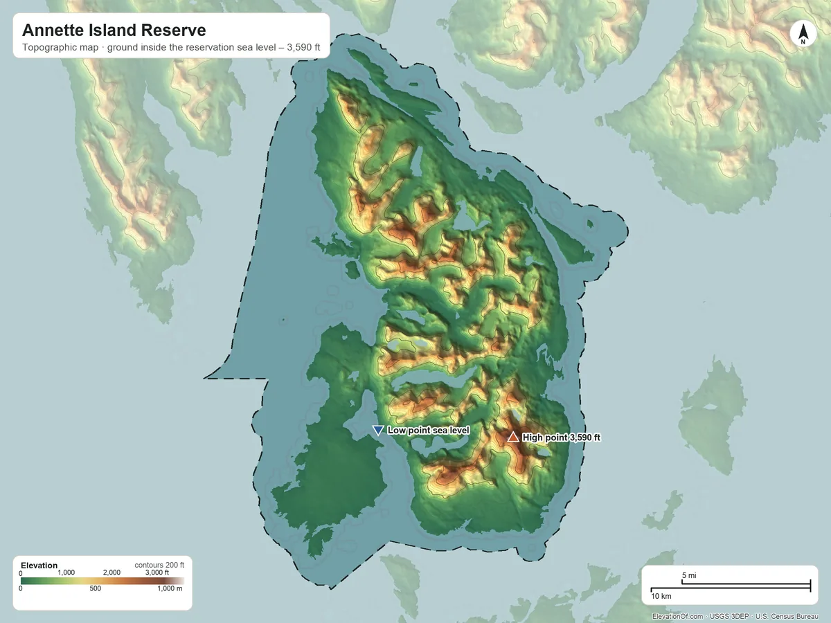 Topographic elevation map of Annette Island Reserve, Alaska, shaded from sea level on Tamgas Harbor to 3,590 ft on Tamgas Mountain