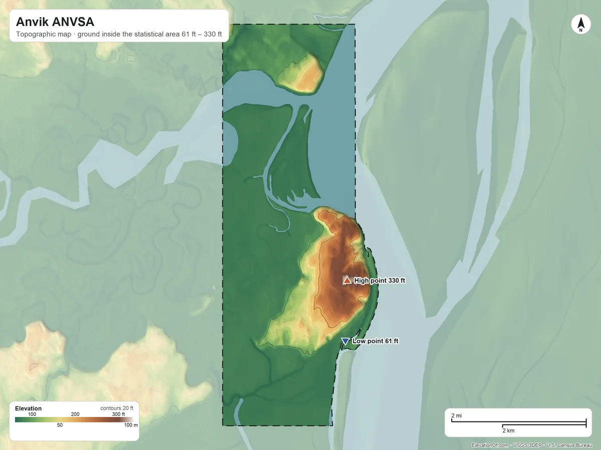 Topographic elevation map of Anvik ANVSA, Alaska, shaded from 61 ft on the south side to 330 ft on the southeast side