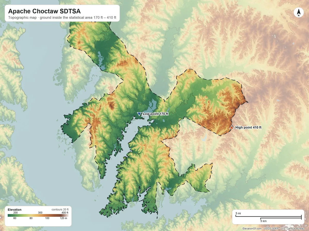 Topographic elevation map of Apache Choctaw SDTSA, Louisiana, shaded from 170 ft near the middle to 410 ft on the east side