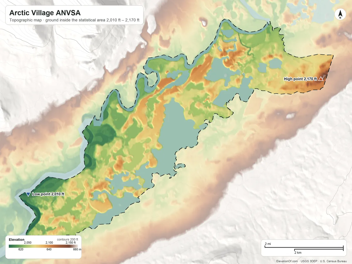Topographic elevation map of Arctic Village ANVSA, Alaska, shaded from 2,010 ft on the southwest side to 2,170 ft on the east side