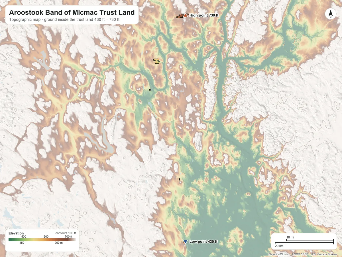 Topographic elevation map of Aroostook Band of Micmac Trust Land, Maine, shaded from 430 ft on the south side to 730 ft on the north side