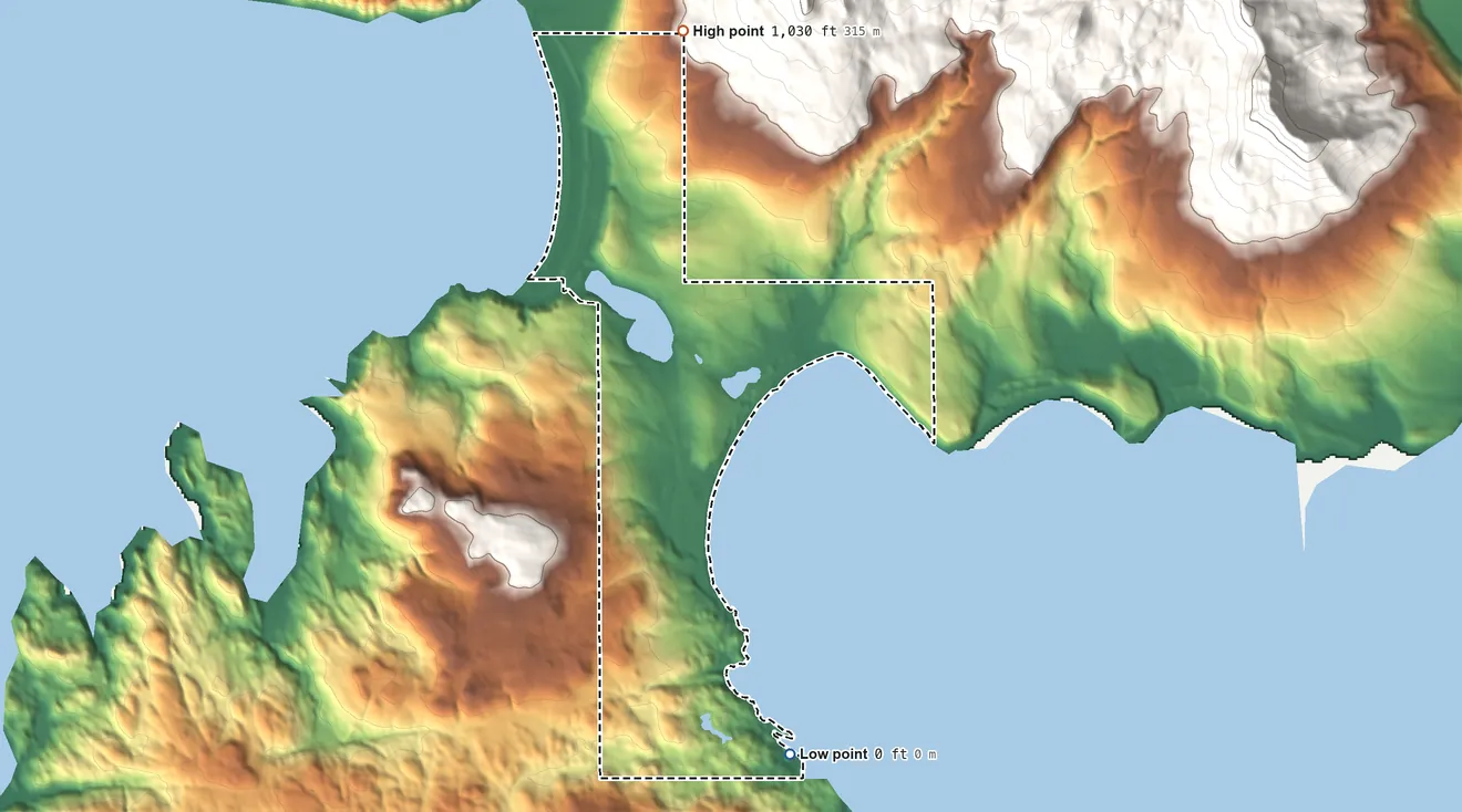 Topographic elevation map of Atka ANVSA, Alaska, shaded from sea level on Nazan Bay to 1,030 ft on the north side