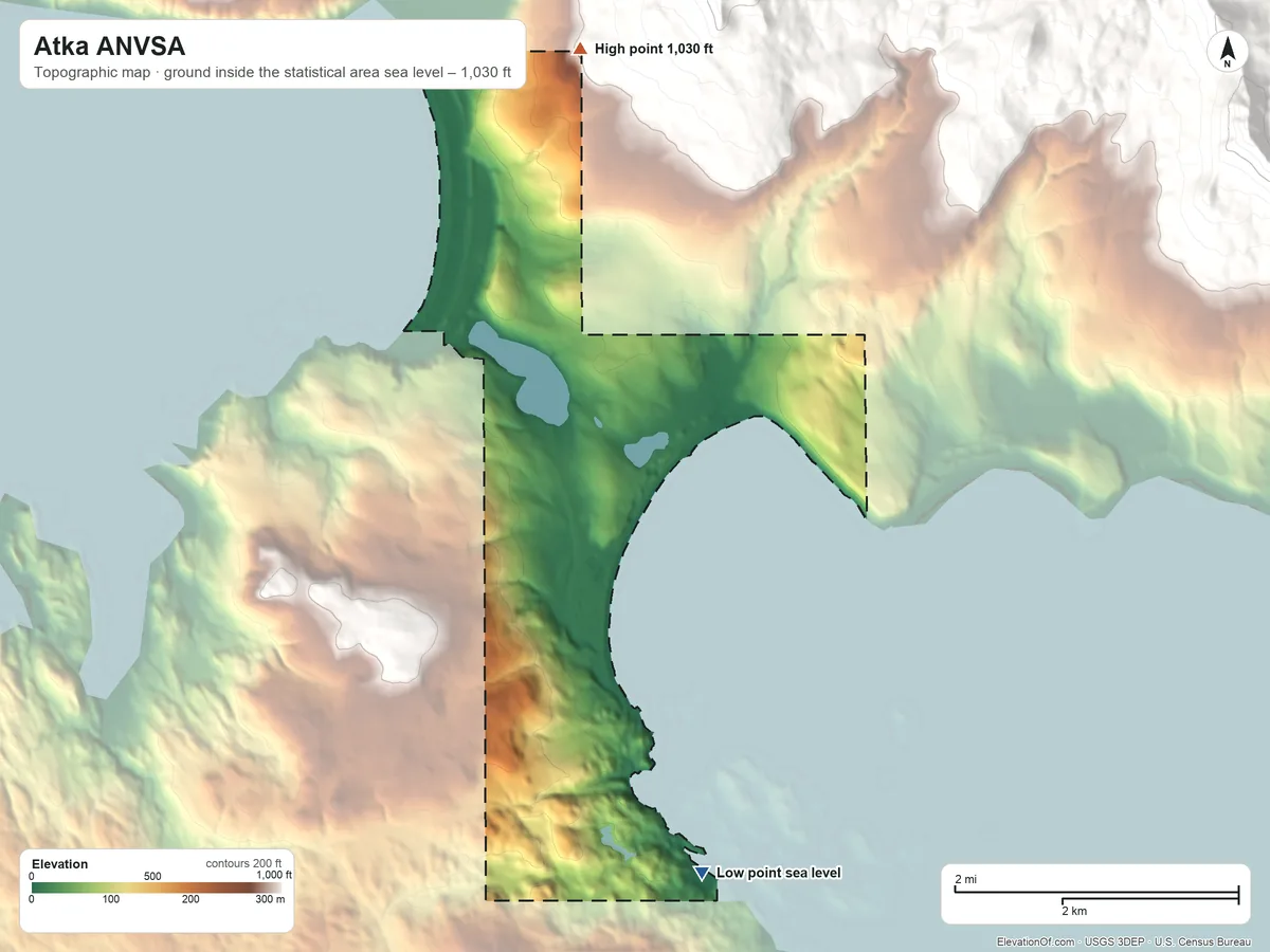 Topographic elevation map of Atka ANVSA, Alaska, shaded from sea level on Nazan Bay to 1,030 ft on the north side