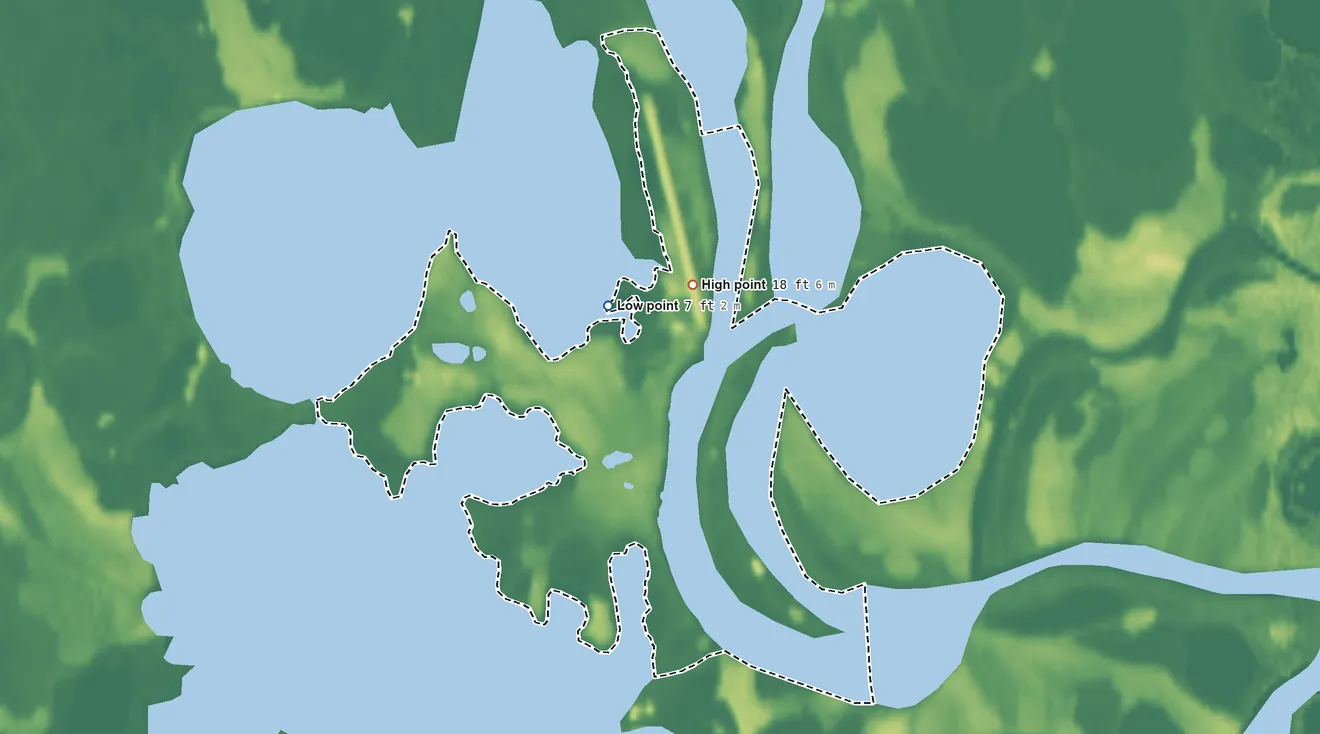 Topographic elevation map of Atmautluak ANVSA, Alaska, shaded from 7 ft near the middle to 18 ft near the middle