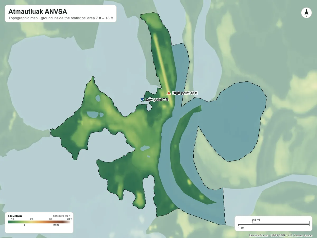 Topographic elevation map of Atmautluak ANVSA, Alaska, shaded from 7 ft near the middle to 18 ft near the middle