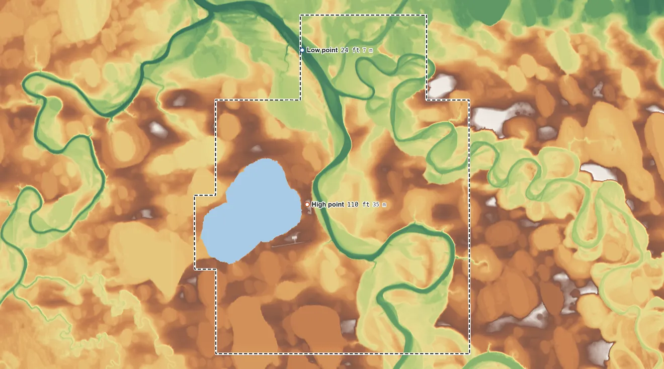 Topographic elevation map of Atqasuk ANVSA, Alaska, shaded from 24 ft on the north side to 110 ft near the middle