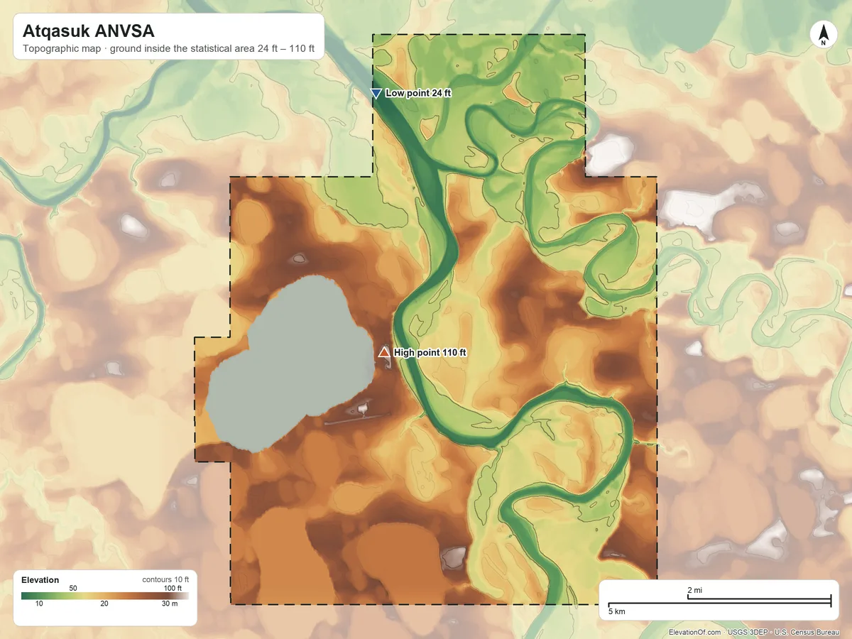 Topographic elevation map of Atqasuk ANVSA, Alaska, shaded from 24 ft on the north side to 110 ft near the middle