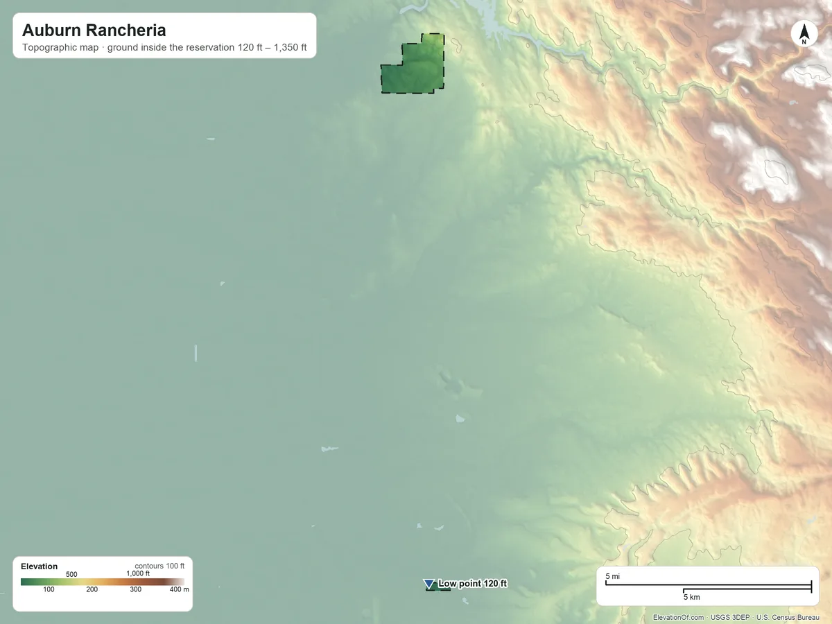 Topographic elevation map of Auburn Rancheria, California, shaded from 120 ft on the south side to 1,350 ft on the east side