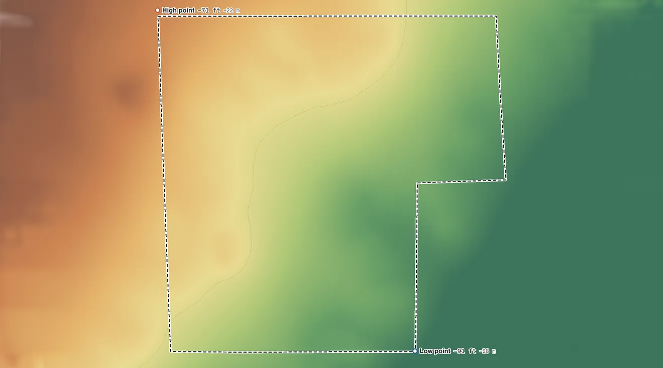 Topographic elevation map of Augustine Reservation, California, shaded from 91 ft below sea level on the southeast side to −71 ft on the northwest side