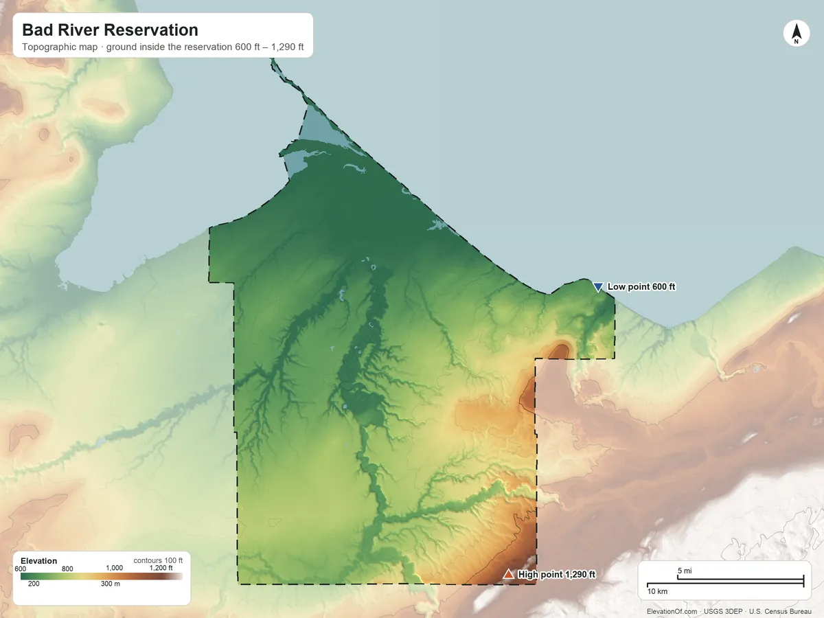 Topographic elevation map of Bad River Reservation, Wisconsin, shaded from 600 ft on the east side to 1,290 ft on the south side