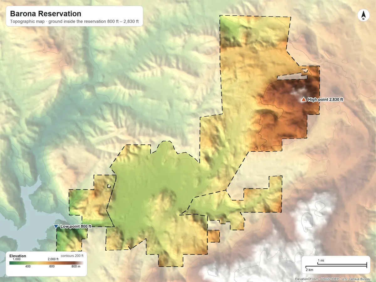 Topographic elevation map of Barona Reservation, California, shaded from 800 ft on the southwest side to 2,830 ft on San Vicente Mountain
