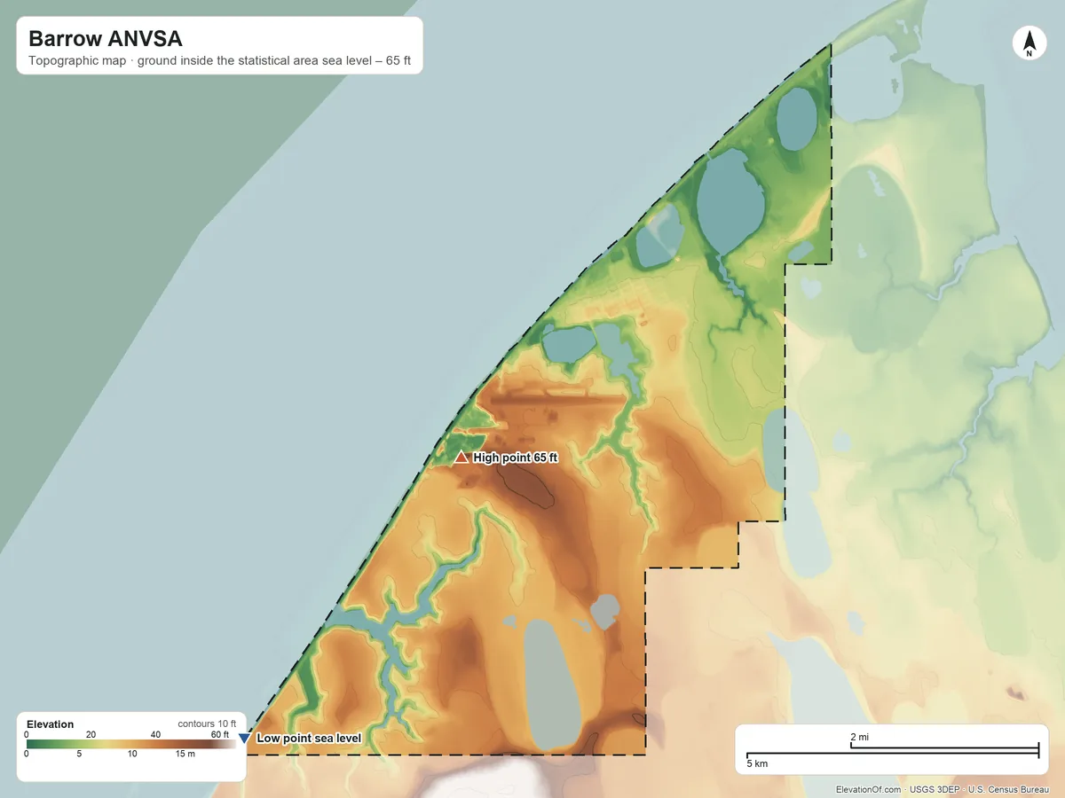 Topographic elevation map of Barrow ANVSA, Alaska, shaded from sea level on the Chukchi Sea to 65 ft near the middle