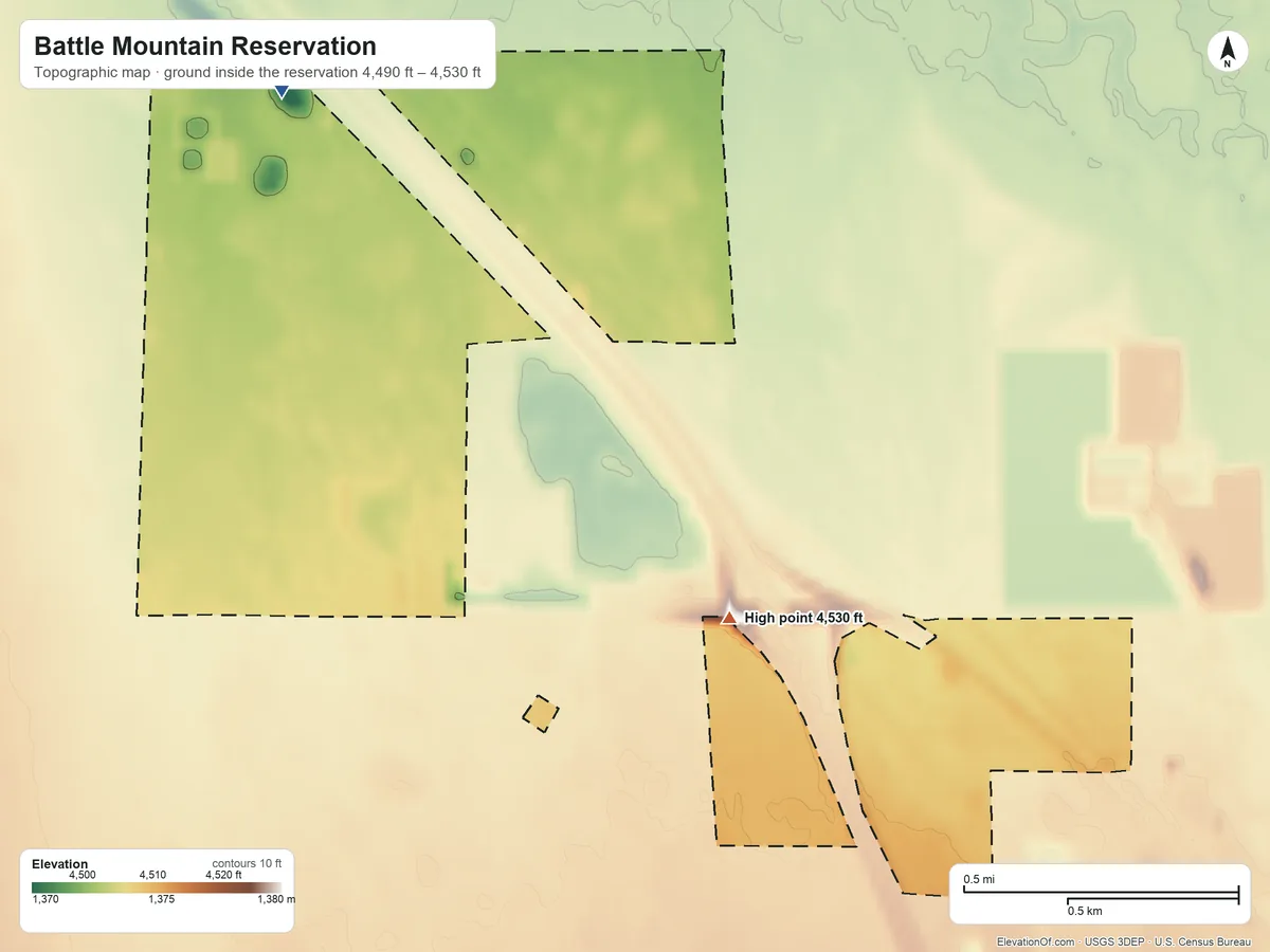 Topographic elevation map of Battle Mountain Reservation, Nevada, shaded from 4,490 ft on the northwest side to 4,530 ft on the southeast side