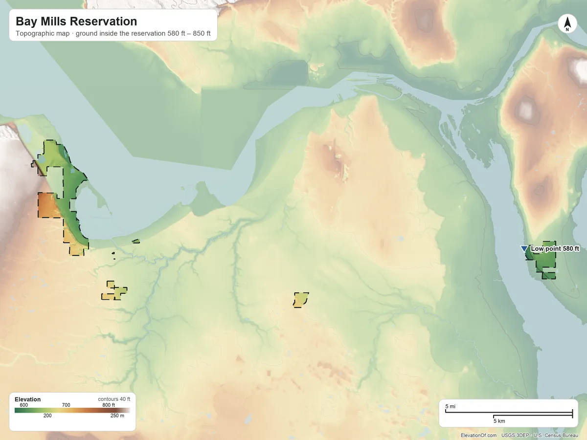 Topographic elevation map of Bay Mills Reservation, Michigan, shaded from 580 ft on the east side to 850 ft on the west side